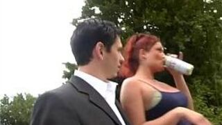 busty german redhead in outdoor threesome - porn video