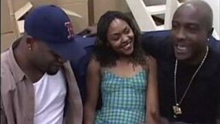 cute little ebony gets fucked by two dudes - porn video