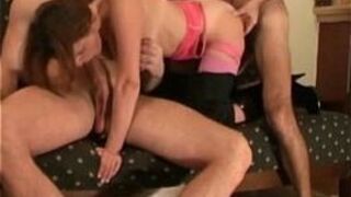 young brunette gets served two big fat cocks - porn video